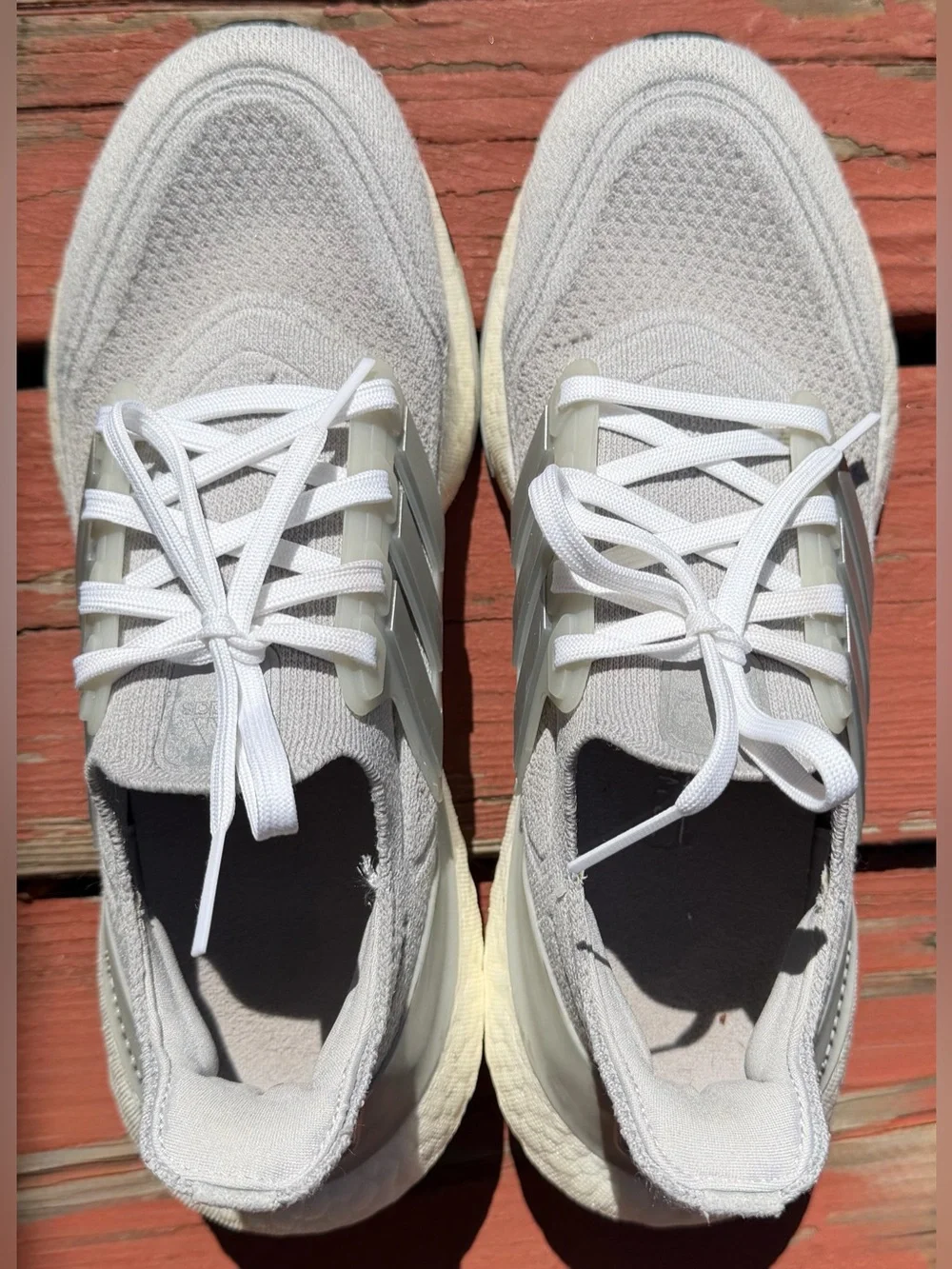 adidas Ultraboost Women’s White and Grey Knit Running Shoe with Three-Stripes